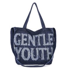 Large-capacity letter denim tote bag Trendy Denim Blue Canvas Bag, Trendy Everyday Canvas Bag, Casual Shoulder Bag With Letter Print For Daily Use, Casual Shoulder Bag With Letter Print, Trendy Large Capacity Shoulder Bag For Weekends, Casual Letter Print Shoulder Bag, Trendy Rectangular Canvas Bag With Letter Print, Casual Canvas Shoulder Bag With Letter Print, Casual Canvas Bags For Weekend