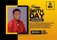 a birthday card with an image of a boy in red shirt and black lettering on yellow background