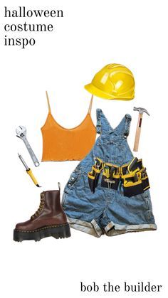 an image of clothes and construction equipment with the words halloween costume inspo bob the builder