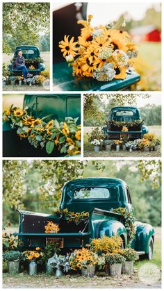 an old truck with flowers in the back