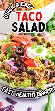 The best taco salad in a bowl with black olives, shredded cheese, sour cream and green and red onion toppings. Easy Taco Salad Recipe, Taco Salad Recipes, Easy Taco, Taco Salad, Satisfying Food, Fresh Vegetables, Ground Beef, Salad Recipes, Tacos