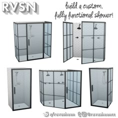 four different views of the same shower stall, each with its own glass door and side panels