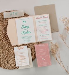 the wedding stationery is laid out and ready to be put into their guests'bags