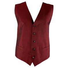 DOLCE & GABBANA alta sartoria dress vest comes in a burgundy wool, mohair and silk fabric, full lined featuring V- neck, welt pockets, five buttons down closure, black silk satin fabric at back and adjustable belt. Made in Italy.Excellent Pre-Owned Condition. Marked: 58 IT Measurements: Shoulder: 15.5 inChest: 44 in Length: 24 in Reference: 111278 Category: Vest (Formal) More Details Brand: DOLCE & GABBANA Size: 48 Chest Size: 48 Color: Burgundy Pattern: Solid Fabric: Wool / Mohair / Silk Style: Red Waistcoat, Waistcoat Men, Dress Vest, Silk Style, Silk Satin Fabric, Adjustable Belt, Dolce & Gabbana, Black Silk, Vest Dress