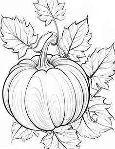 a black and white drawing of a pumpkin with leaves