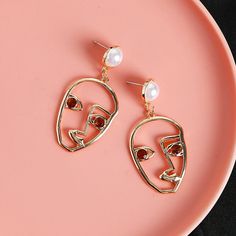 Handmade artistic design exaggerated hollow face contour modeling pearl earrings fun funny earrings Face Contour, Funny Earrings, Dangle Earrings Boho, Face Earrings, Face Contouring, Earring Sale, Large Earrings, Buy Handmade, Metal Buckles