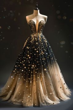 Moon Themed Ball Gown, Black And Gold Wedding Dress, Black And Gold Ball Gown, Starfall Dress, Gold And Black Gown, Black Gold Gown, Celestial Gown, Starfall Ball