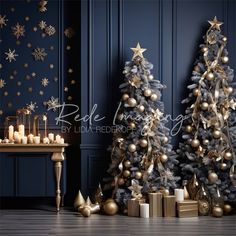 two christmas trees with gold and silver decorations