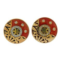 La Nouvelle Bague Gold Silver Diamond Orange Enamel Button Earrings Button Earrings, Silver Gold