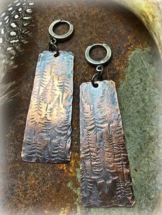 "Forest grove rustic oxidized copper earrings by Weathered Soul with oxidized sterling hugging hoop closures urban chic . Approximately 2.5\" long." Flame Painting, Copper Etching, Forest Grove, Iron Jewelry, Copper Wire Jewelry, Metal Etching, Alternative Jewelry, Organic Jewelry, Copper Art