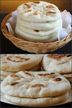 several different types of flat bread in baskets