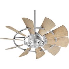 a ceiling fan that has wooden blades on it