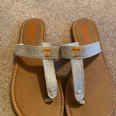 Tennessee Silver With Power T Thong Sandals, 7.5/8 Adjustable Silver Open Toe Flip Flops, Adjustable Silver Flip Flops, Casual Silver Flip Flops For Beach, Casual Silver Flip Flops For The Beach, Casual Silver Open Toe Flip Flops, Thong Sandals, Color Orange, Tennessee, Women Shoes