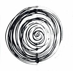 a black and white drawing of a person standing in front of a spiral