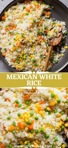 mexican white rice with peas and carrots in a skillet