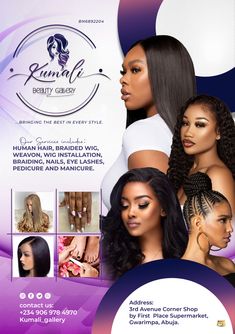 the flyer for an african hair salon with two beautiful women in purple and white dresses