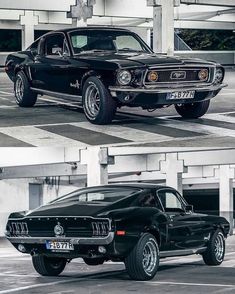 two pictures of an old black muscle car