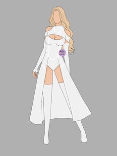 a drawing of a woman wearing a white dress and long coat with thigh high boots