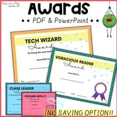 the award certificate for tech wizard is shown in three different colors and font, along with an