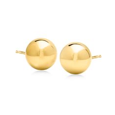 Ross-Simons - Italian 18kt Gold Over Sterling Ball Stud Earrings. These 10mm ball stud earrings from Italy shine in polished 18kt yellow gold over sterling silver, offering you a classic, goes-with-anything look you'll wear nonstop! Post/clutch, 18kt yellow gold over sterling silver ball stud earrings. Classic Yellow Gold Spherical Jewelry, Classic Gold Sphere Earrings, Classic Sphere Yellow Gold Jewelry, Classic Gold Earrings With Round Beads, Everyday Yellow Gold Round Bead Earrings, Hypoallergenic Yellow Gold Round Bead Earrings, Jewelry Presentation, Ball Stud Earrings, Fine Jewellery Earrings