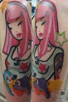 a girl with pink hair and stars on her arm