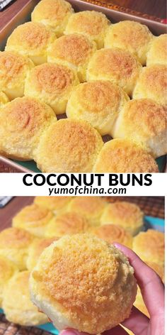 two pictures showing the different stages of making coconut buns and how to bake them