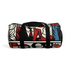 Express your playful side with our Red & White Pop Art Duffle Bag! Adorned with dynamic and playful cartoon characters, bold abstract shapes, and comic-style motifs, it brims with a trendy & contemporary aesthetic. With thick black outlines and classic Ben-Day dots, the bag perfects the balance between large and small elements, creating an engaging visual composition. This eye-catching, modern bag embodies sophistication with a twist. #DuffleBag #PopArt #RedAndWhite #CartoonPrint #AbstractShapes #ComicStyle #BenDayDots #PlayfulDesign #ModernAesthetic #SophisticatedStyle Functional Multicolor Bags For Streetwear, Retro School Bags With Graphic Print, Multicolor Character Print Travel Bag, Retro Travel Bag With Graphic Print, Modern Red School Bag, Multicolor Rectangular Bags For Streetwear, Trendy Multicolor Bag For Streetwear, Black Rectangular Bags With Character Print, Multicolor Travel Bag With Graphic Print