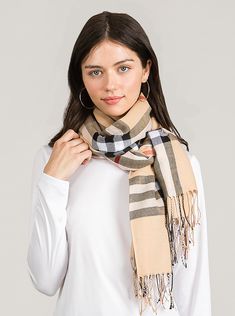 Pashmina scarf in a designer beige plaid. The weight and feel of this scarf is ideal for year round wear. 60" x 170". Classic Beige Shawl For Fall, Classic Beige Scarf For Fall, Classic Beige Scarves For Fall, Classic Beige Scarves, Trendy Beige Scarf For Fall, Cream Shawl Scarf For Fall, Beige Plaid, Pashmina Scarf, Plaid Scarf