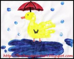 a child's drawing of a yellow duck holding an umbrella in the rain with water droplets around it