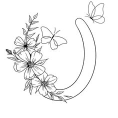 the letter c with flowers and butterflies on it is outlined in black and white ink