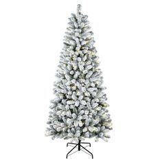 a white christmas tree with lights and snow on the top, in front of a white background