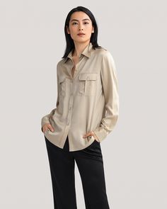 22MM Sandwashed Silk,wrinkle-resistant flap pockets，epaulets For work,casual occasions The Sandwashed Pocket Silk Shirt makes a stylish statement in luxuriously soft sandwashed charmeuse silk that's wrinkle resistant and drapes beautifully. A fashion-forward interpretation of classic safari and military-inspired workwear, this tailored and feminine fit is ultra flattering and versatile. The ultimate 'everyday' shirt, it looks great with trousers and skirts, coats and camis, which makes switching looks easier than ever. The sizes below are measured in centimeters (cm): US Size BUST WAIST HIPS 0-2 XS 82-84 63-66 87-92 4-6 S 85-90 67-71 93-98 8-10 M 91-96 72-77 99-104 12-14 L 97-102 78-83 105-110 16 XL 103-108 84-89 111-116 18 XXL 109-114 90-95 117-122 Safari Green, Silk Bedding Set, Silk Clothes, Silk Nightwear, Elegant Scarves, Cargo Shirts, Safari Style, Big Fashion, Silk Shirt