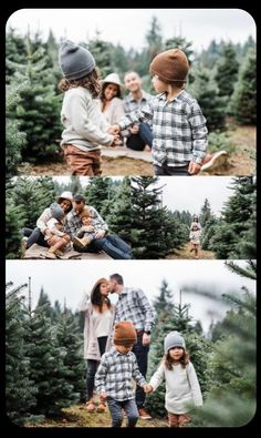 three pictures of people in the woods with trees and one is holding a child's hand