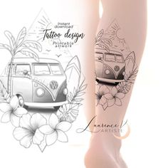 a woman's legs with tattoos and an image of a vw camper van