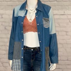 Color Blocked Denim Top Patterned Detail Small Breast Pocket Lightweight Mother Of Pearl Snaps 80% Cotton 20% Polyester Machine Wash Recycle Clothes, Top Pattern, Denim Top, Denim Shirt, Mother Of Pearl, Color Block, Embroidery Designs, Denim Jacket, Button Down Shirt