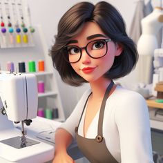 a woman with glasses is sitting in front of a sewing machine and looking at the camera