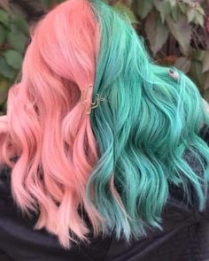 Are you looking for some super fun and trendy split hair color ideas?  Here are some of my absolute favorite half hair dye looks this season!  If you want some split dye hair inspo, this post is for you.  Half hair color and split dye trends are my jam!  #haircolor #hairtrends #trendyhair #hairinspo Two Hair Colors, Colored Hair, Green And Pink, Hair Colors, Pink Hair, Split, Hair Color