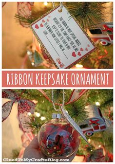 a christmas ornament hanging from a tree with ribbon and tags on it that read ribbon keepsake ornament