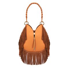 TARA FOLKS' 'Katherine' shoulder bag is instantly recognizable by the brand's signature Bohemian-inspired overlong fringing that swishes elegantly as you walk. Style it a few different ways - carry it by the braided top handle or switch that out for the gold brass stud elaborated strap to wear it cross-body. Trendy Fringed Satchel Shoulder Bag, Chic Tassel Crossbody Shoulder Bag, Chic Crossbody Shoulder Bag With Tassels, Trendy Fringe Satchel Shoulder Bag, Chic Daily Use Bucket Bag With Tassels, Trendy Brown Hobo Bag With Fringe, Chic Fringed Crossbody Hobo Bag, Chic Fringe Hobo Bag For Travel, Chic Crossbody Hobo Bag With Fringe