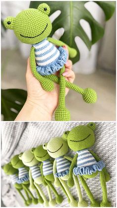 the stuffed frog is being held up by someone's hand and another photo has been taken