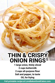 thin and crispy onion rings on a plate with text overlay that says thin and crispy onion rings