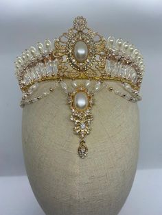 Gamzatti Headpiece – Giselle Tutus Pearl Crown Aesthetic, Headpiece Jewelry Goddesses, Gold Tiaras And Crowns, Aphrodite Crown, Royal Jewelry Aesthetic, Kundan Necklace Simple, Baroque Headpiece, Jeweled Headpiece, Empress Crown