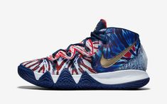 kybrid s2 "tye-dye"MEN SIZE 17.0 & 18.0CQ9323 400 As a follow up to 2017's Kyrie S1 Hybrid, Nike will be looking to deliver a second in the series, with the all-new Nike Kybrid S2 Hybrid for 2020. Much like its predecessor, the Nike Kyrie S2 Hybrid features design elements from Kyries kicks past, this year focusing on the Kyrie Four, Five, and Six. Staring at the base is the Nike Kyrie 4, in which the pair’s sole unit and forefoot is derived. The Kyrie 5’s famous Flytrap lace cover rides the vam Patriotic Punch, Kybrid S2, Nike Kyrie 5, Tye Dye Print, Kyrie 6, Kyrie 4, Tie Dye Shoes, Kyrie 5, How To Dye Shoes