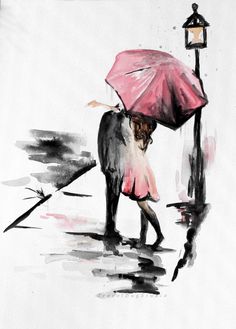 a painting of a woman with an umbrella walking down the street on a rainy day