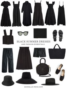 Wear Black In Summer, Black White Summer Outfit, Black Capsule Wardrobe Summer, Black Summer Clothes, Wearing Black In Summer, How To Wear Black Dress, Black Dress Capsule Wardrobe, Black In Black Outfits, Black Linen Dress For Summer