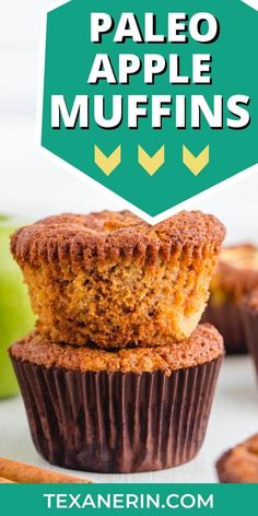 a close up of some muffins with the words paleo apple muffins above it