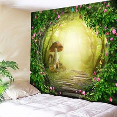 there is a wall hanging with a mushroom and flowers in the forest on it,