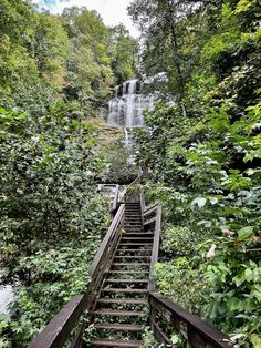 stairs lead down to a waterfall in the woods