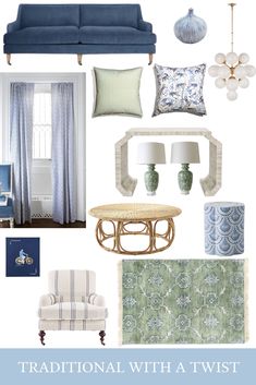 a blue and white living room with accessories on the table, couches, lamps, curtains