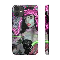 a phone case that has an image of a woman with neon lights on her face